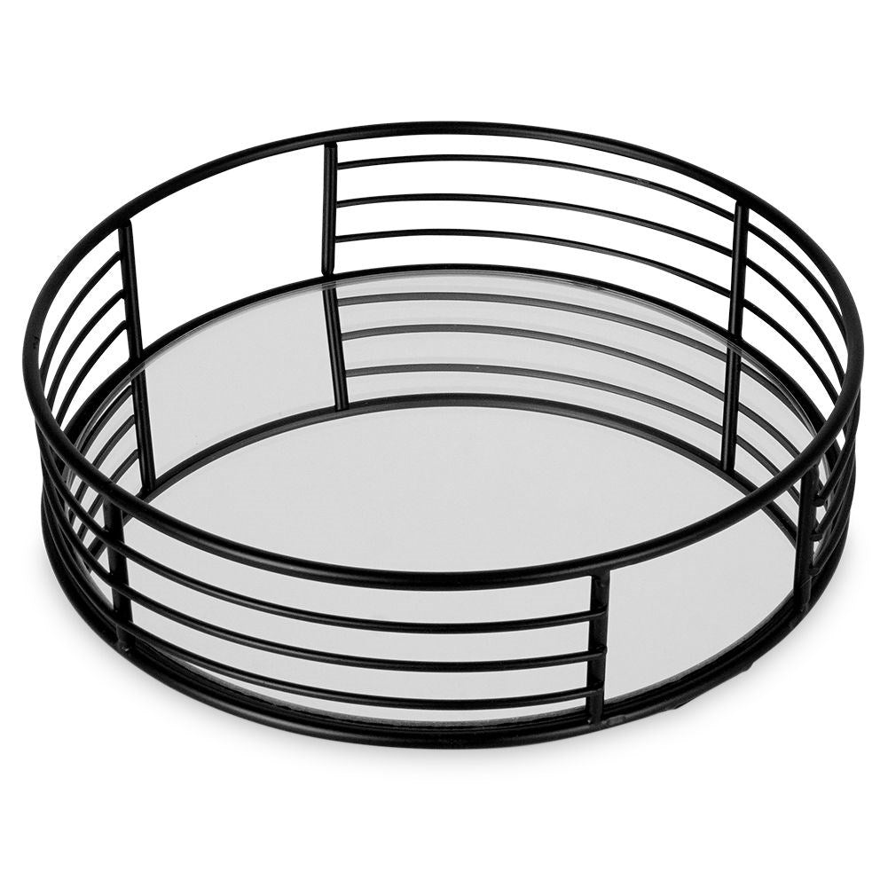 Round mirror tray 20 cm - Black metal and glass