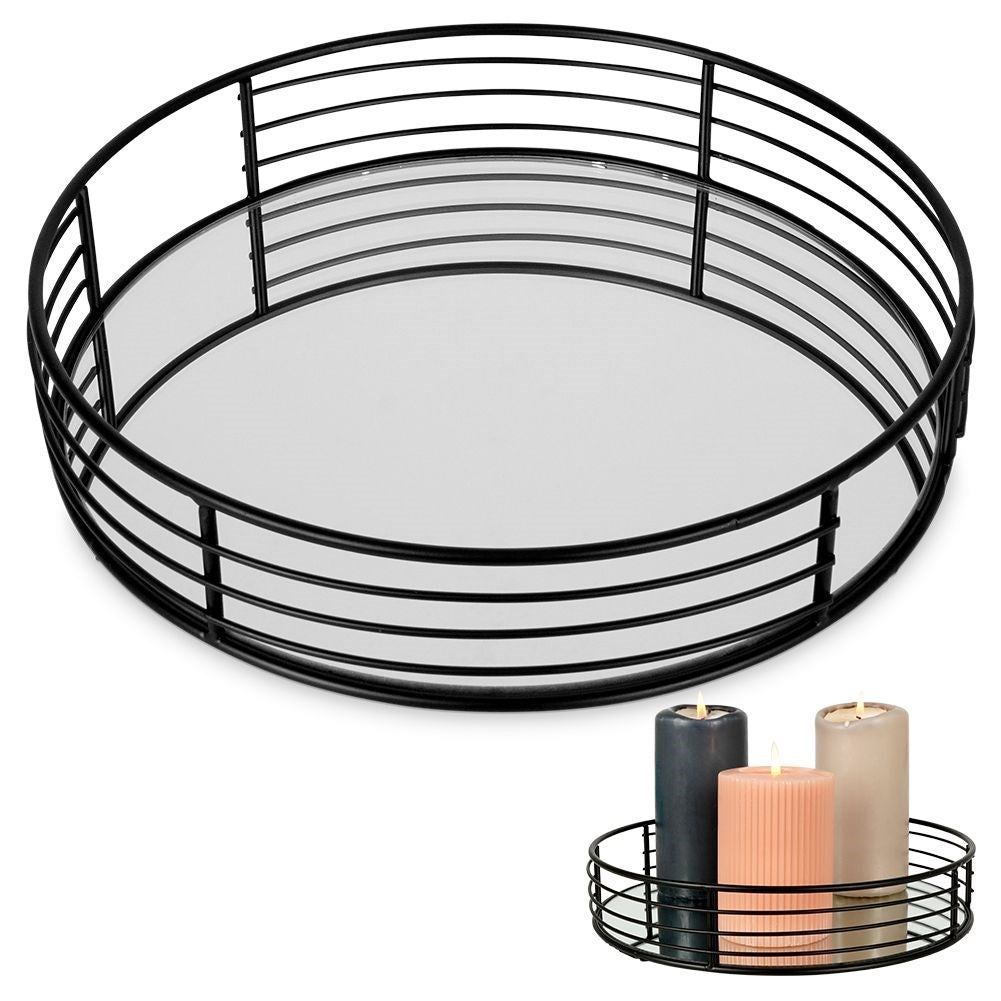 Round mirror tray for candles, 25 cm diameter, black metal