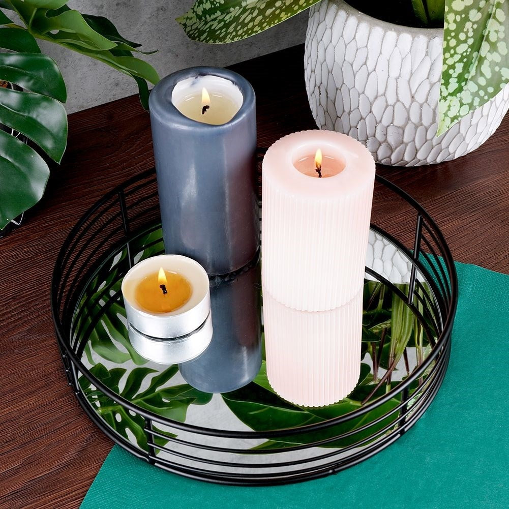 Round mirror tray for candles, 25 cm diameter, black metal