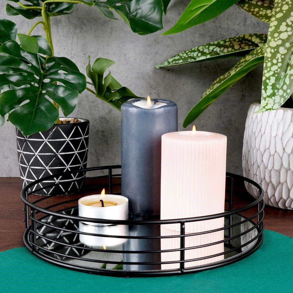 Round mirror tray for candles, 25 cm diameter, black metal