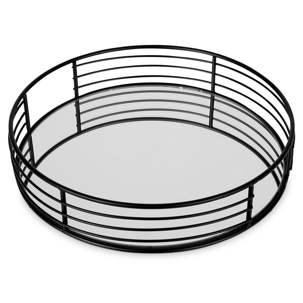 Round mirror tray for candles, 25 cm diameter, black metal