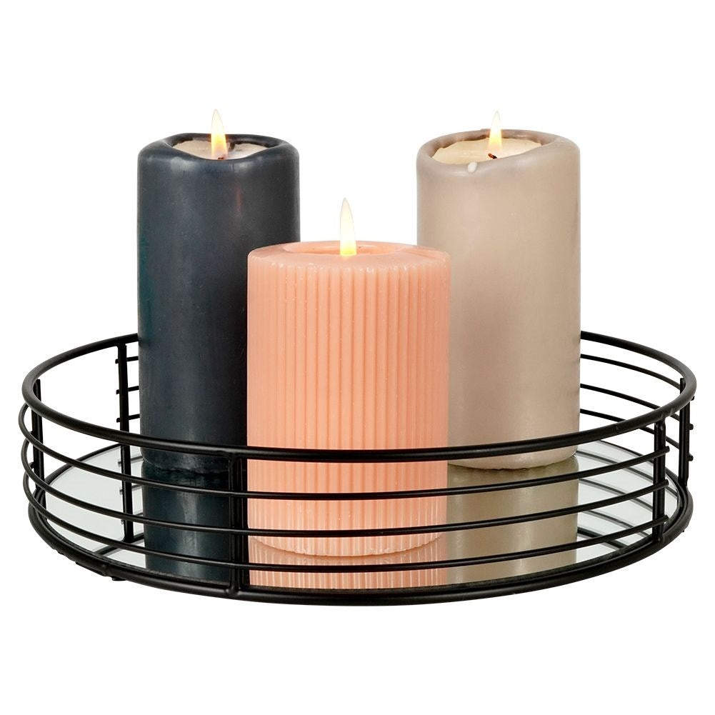 Round mirror tray for candles, 25 cm diameter, black metal