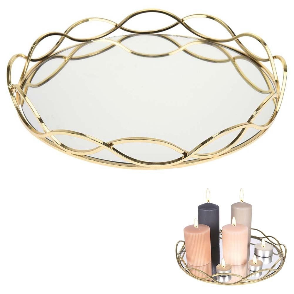 Round mirror tray for candles in gold and mirror glass