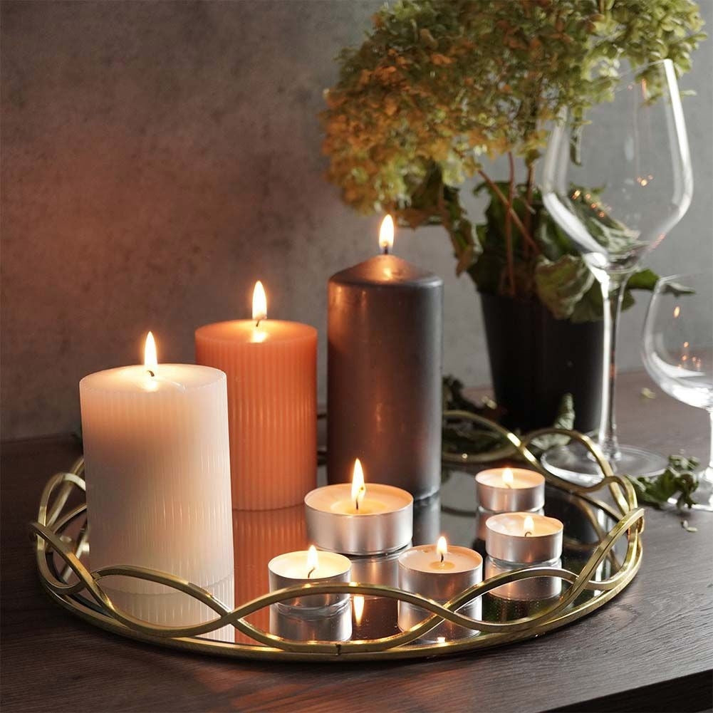Round mirror tray for candles in gold and mirror glass