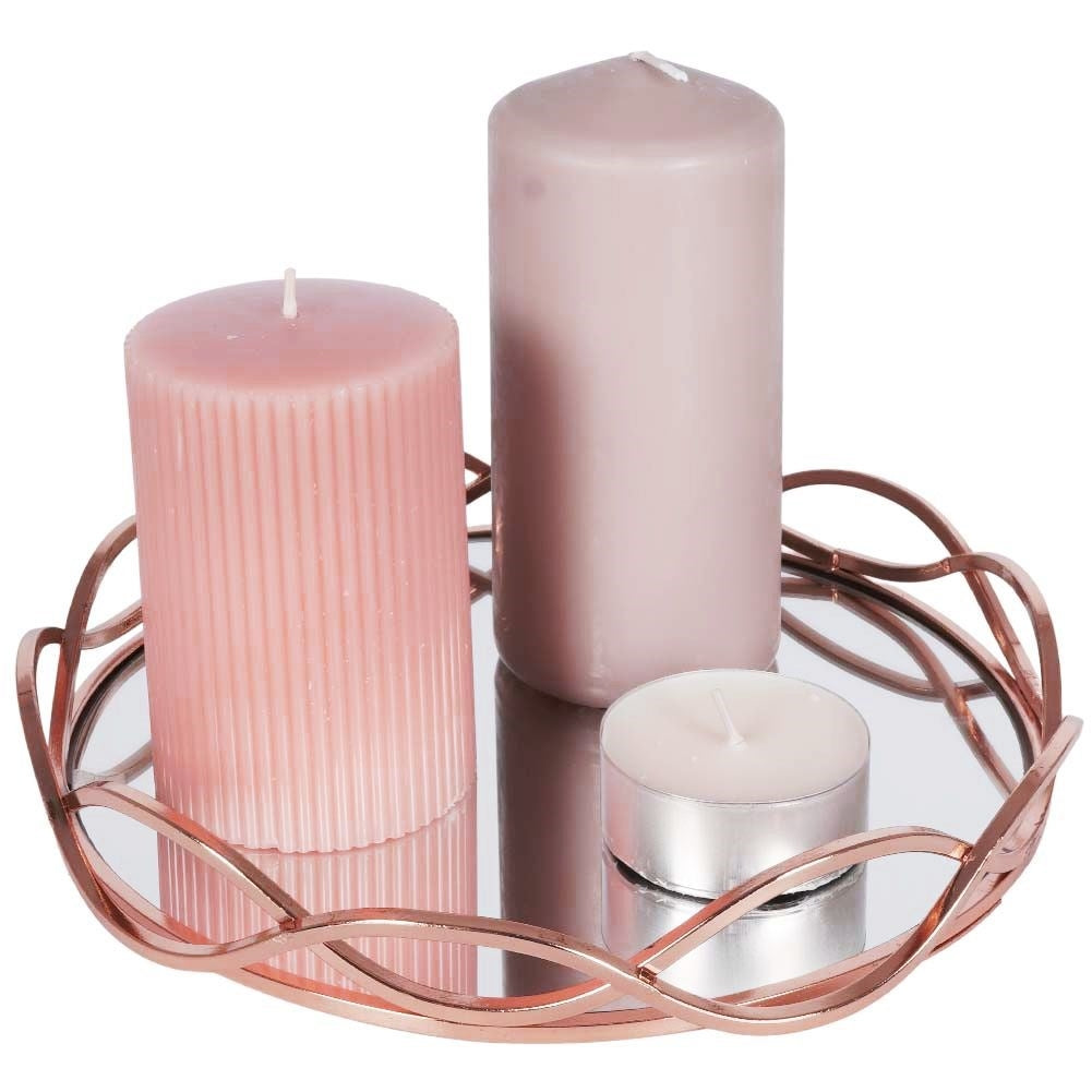Round mirror tray in copper for lighting arrangements