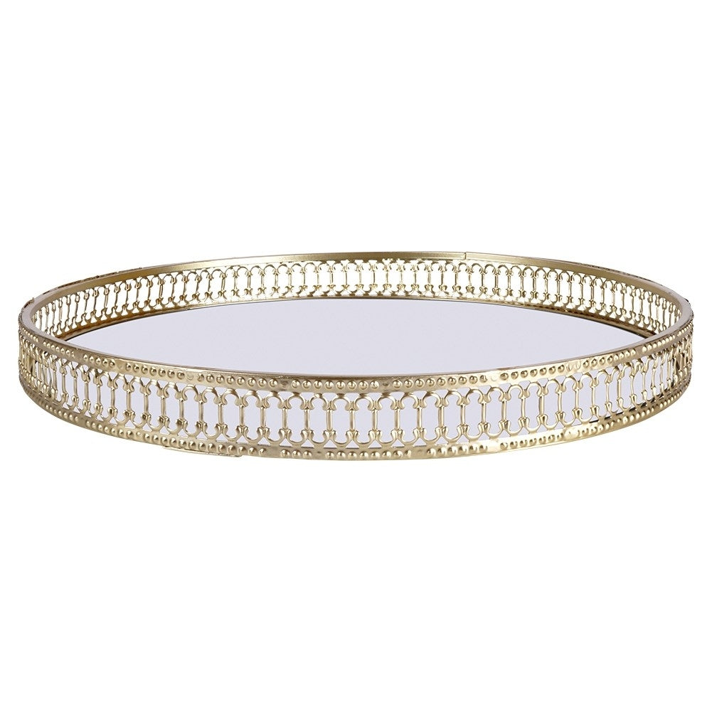 Round mirror tray in gold and glass for candles.