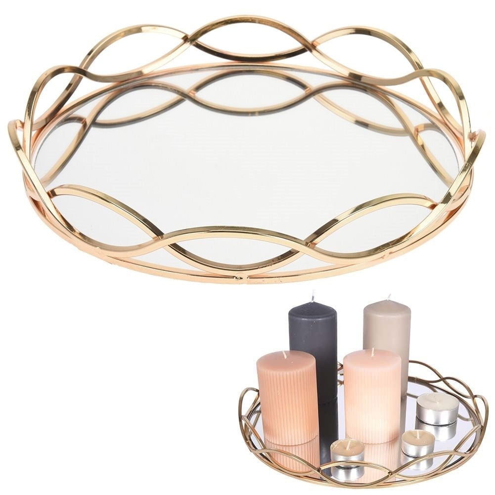 Round mirror tray in gold metal for candles - unique decor