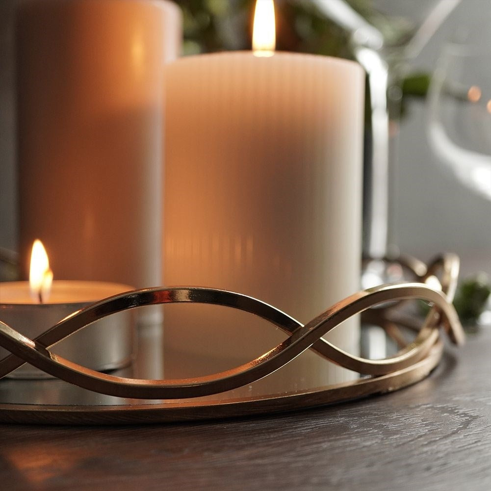 Round mirror tray in gold metal for candles - unique decor
