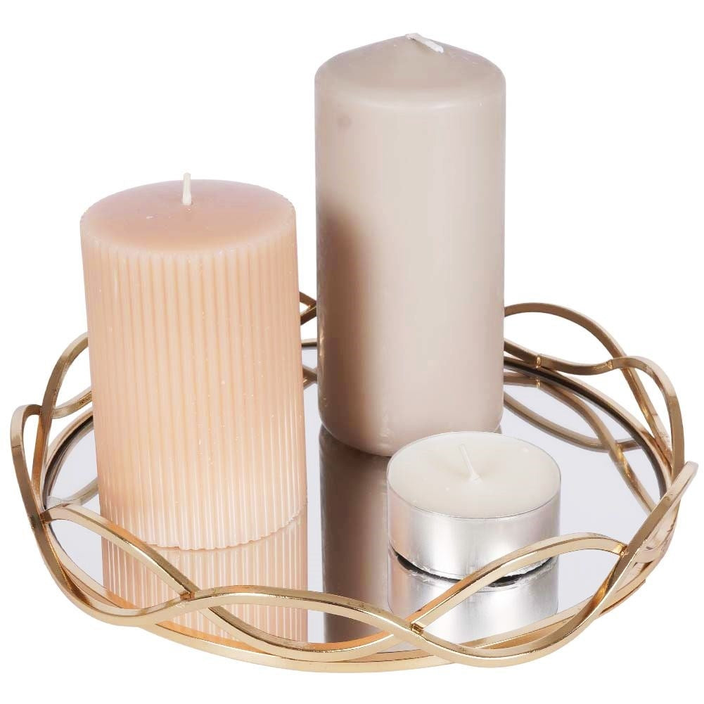 Round mirror tray in gold metal for candles - unique decor