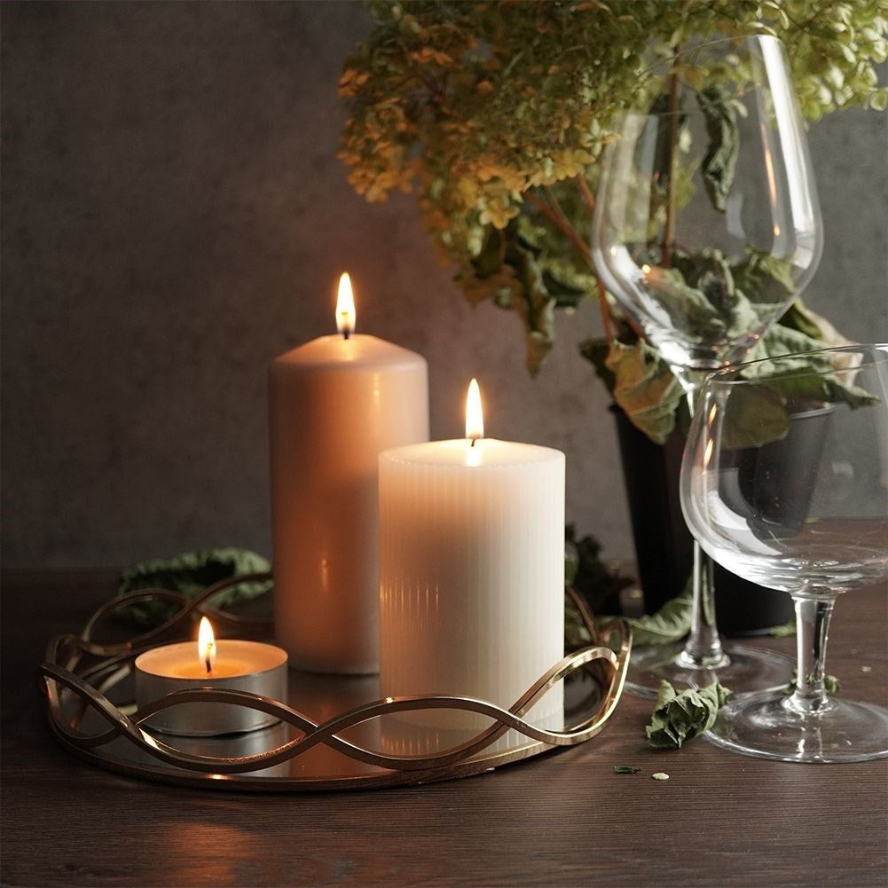 Round mirror tray in gold metal for candles - unique decor