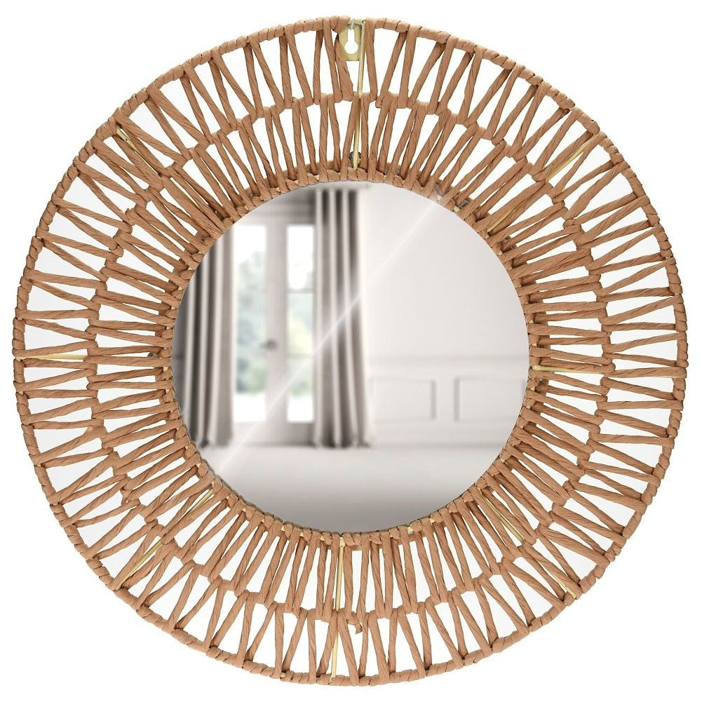 Round mirror with gray braided paper frame for the wall