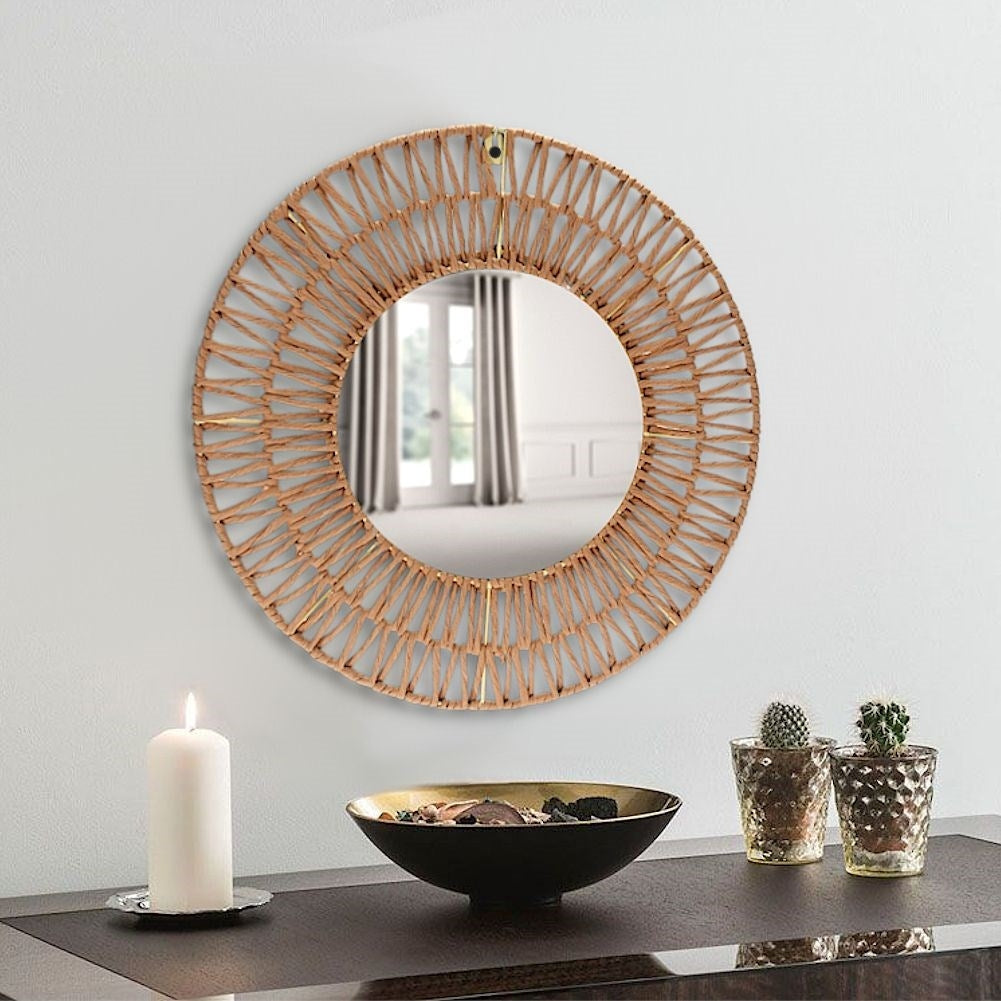 Round mirror with gray braided paper frame for the wall