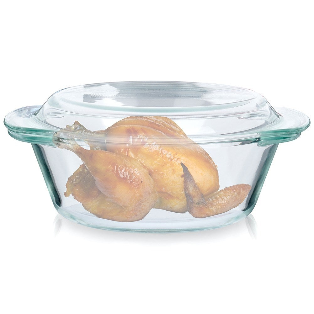 Round oven dish in borosilicate glass with lid, dishwasher safe