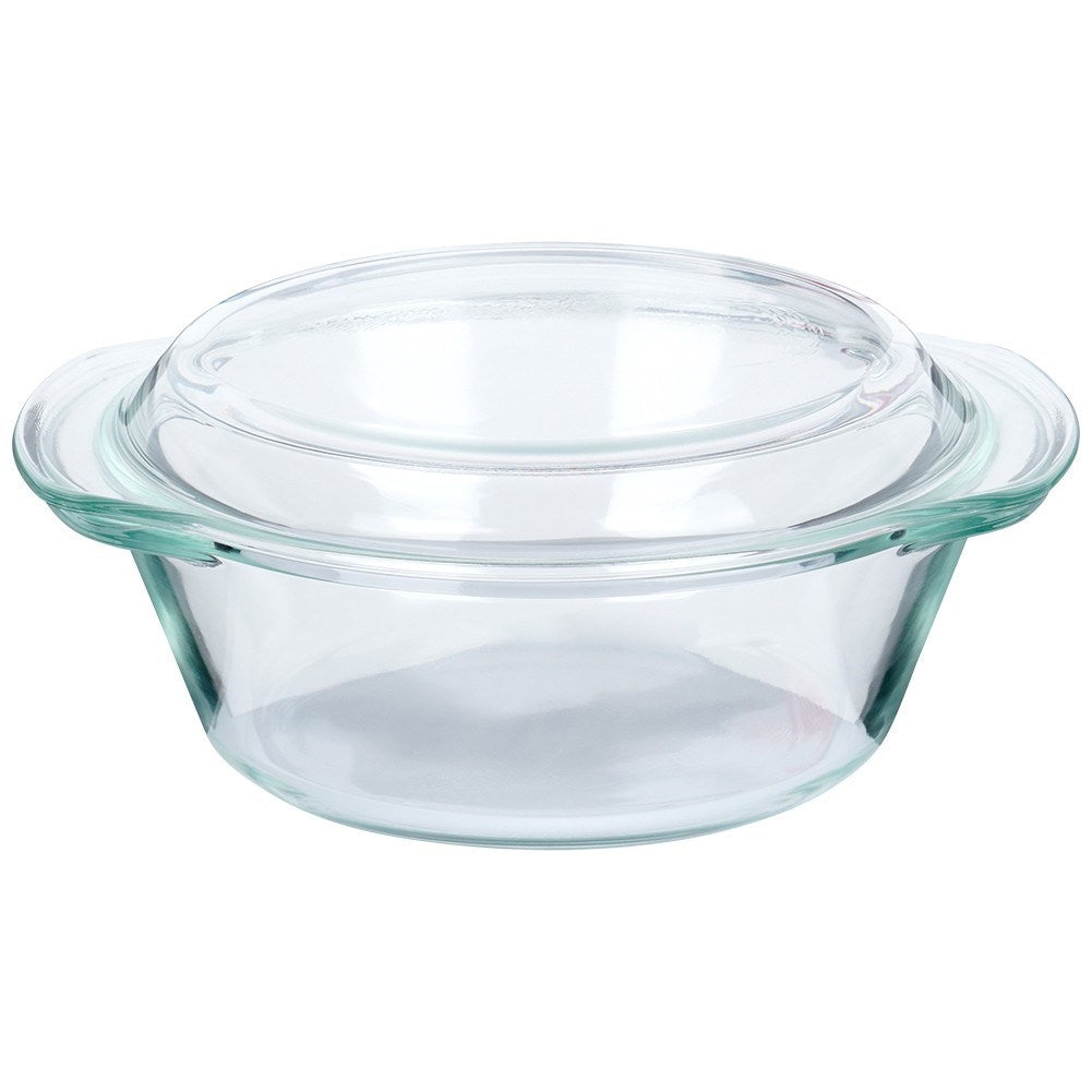 Round oven dish in borosilicate glass with lid, dishwasher safe