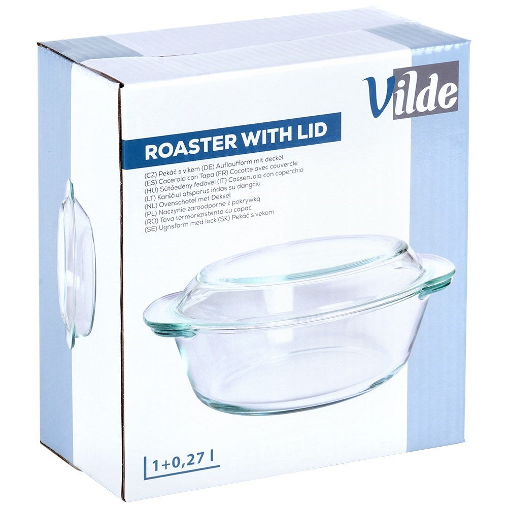Round oven dish in borosilicate glass with lid, dishwasher safe