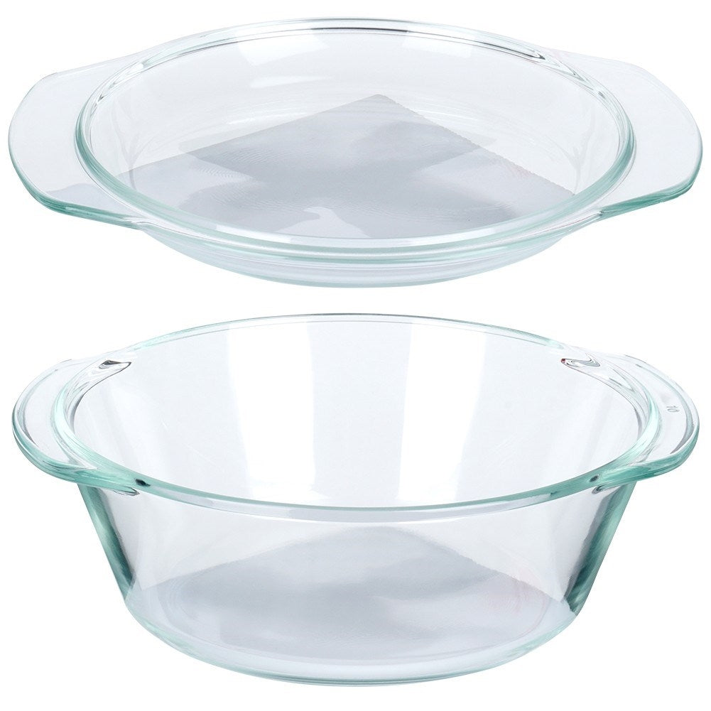 Round oven dish in borosilicate glass with lid, dishwasher safe