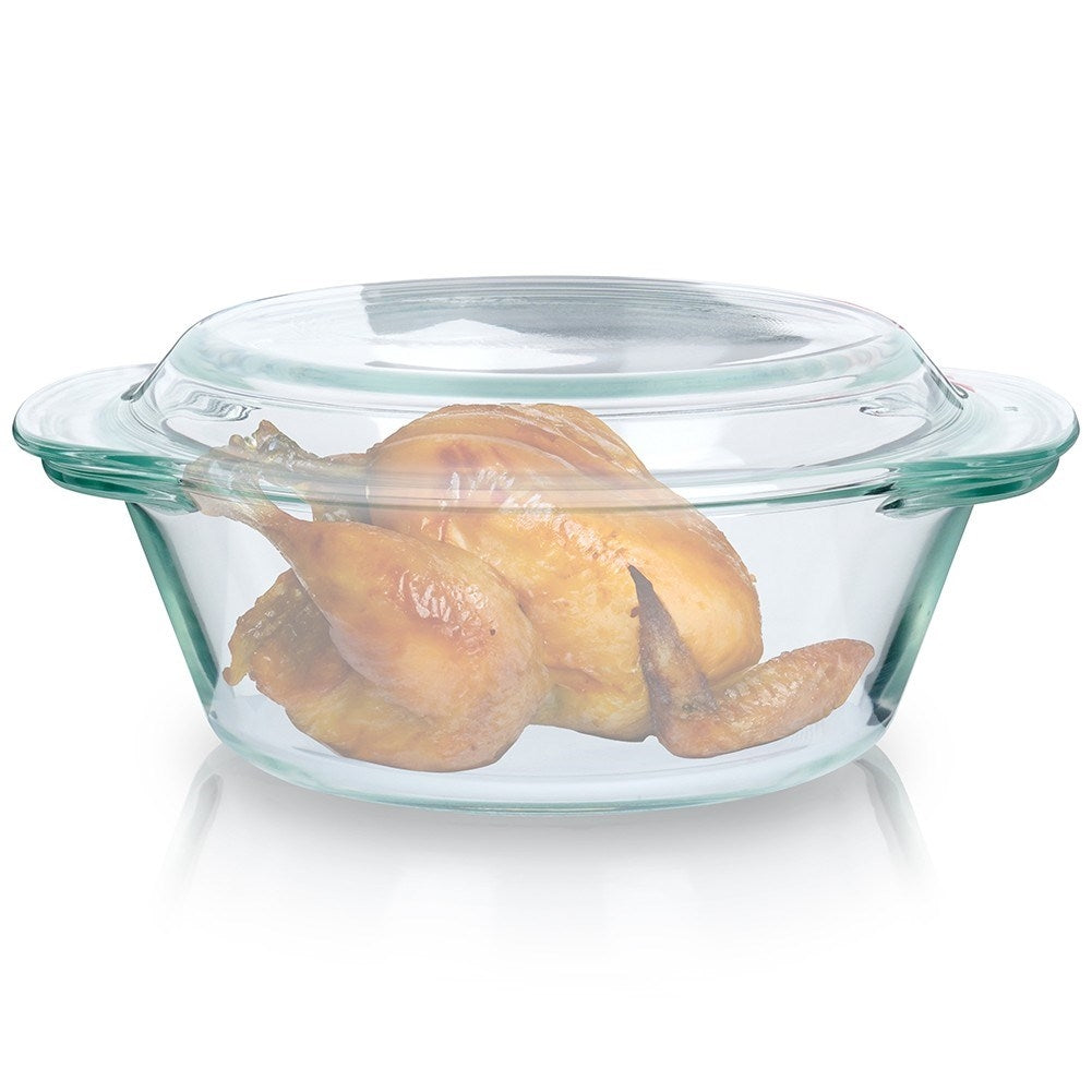 Round ovenproof baking dish with lid in borosilicate glass