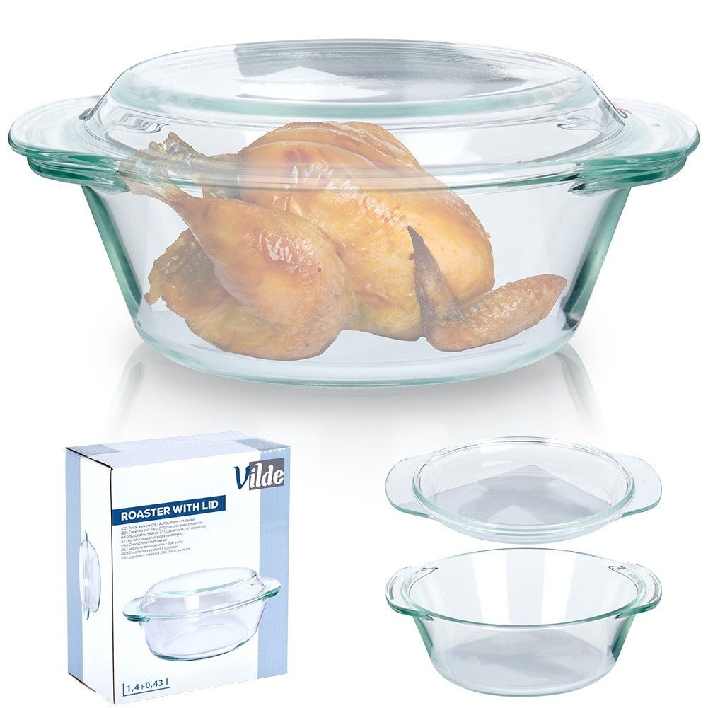 Round ovenproof baking dish with lid in borosilicate glass
