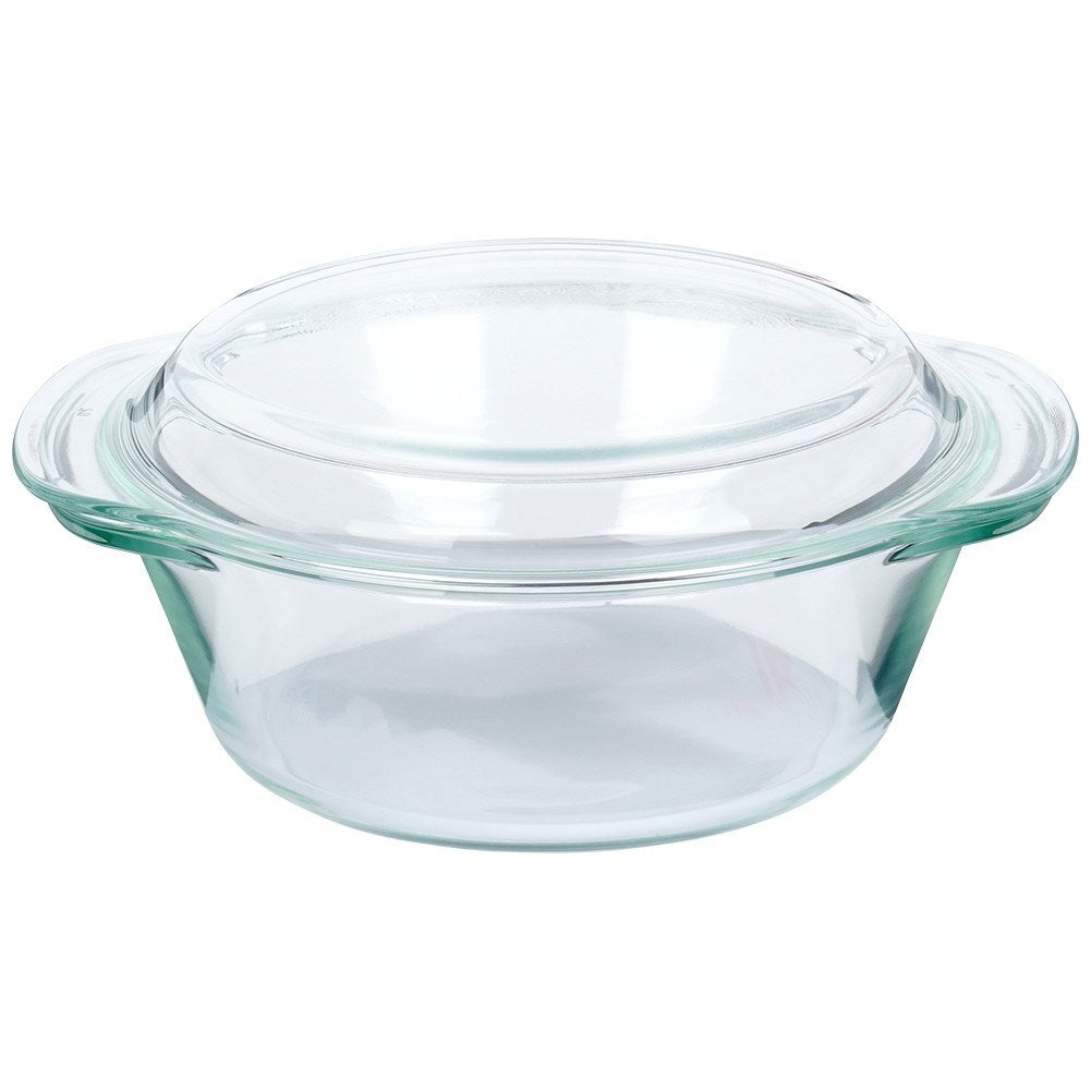 Round ovenproof baking dish with lid in borosilicate glass