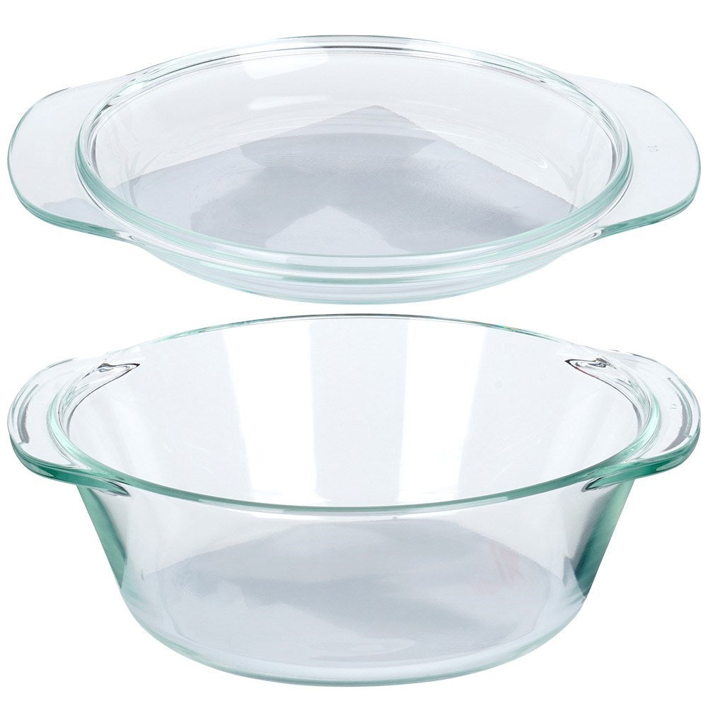 Round ovenproof baking dish with lid in borosilicate glass