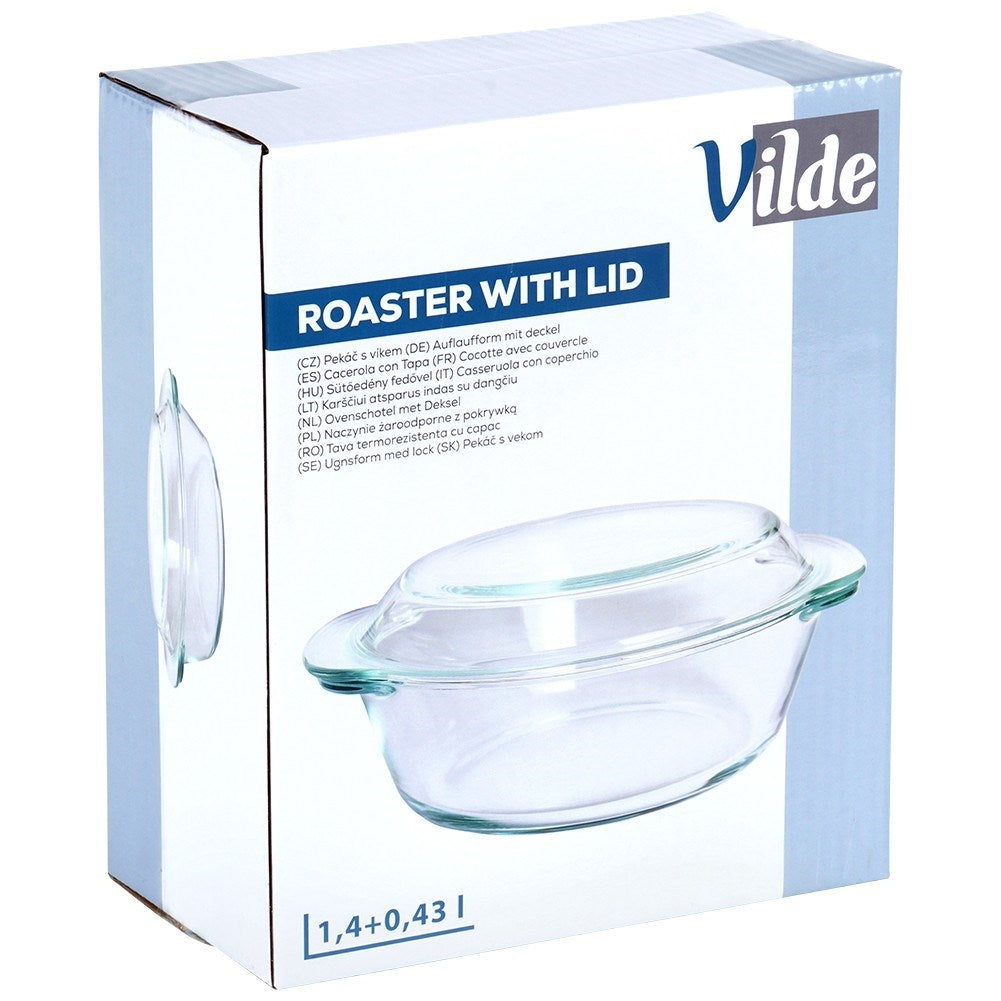 Round ovenproof baking dish with lid in borosilicate glass