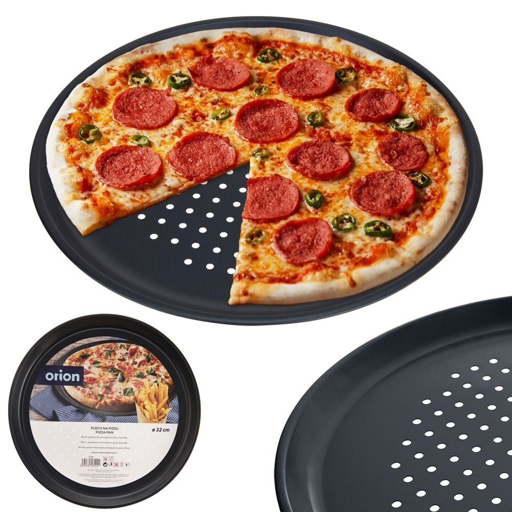 Round pizza sheet with perforated bottom and non-stick coating