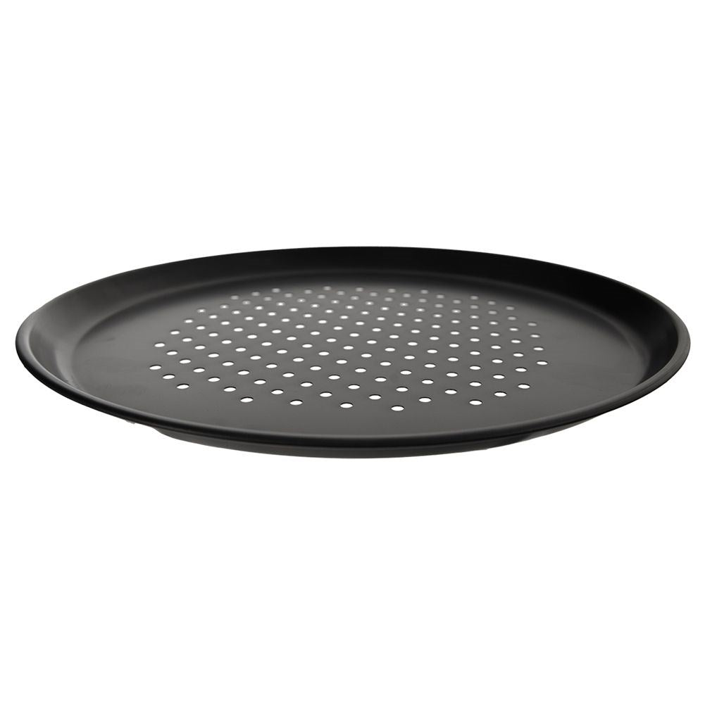 Round pizza sheet with perforated bottom and non-stick coating