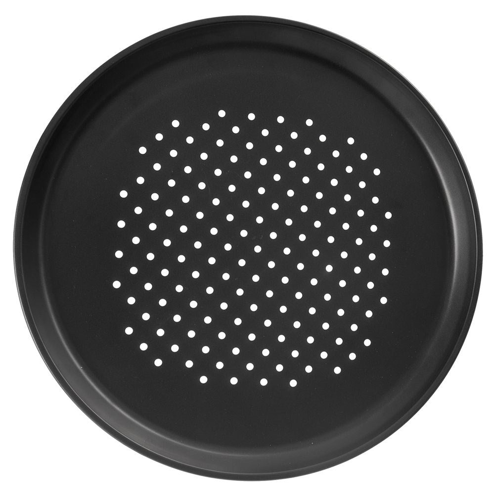 Round pizza sheet with perforated bottom and non-stick coating
