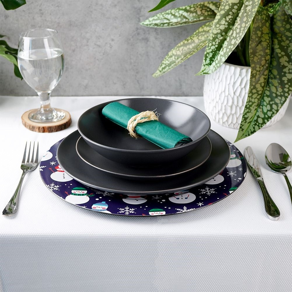 Round placemat 33 cm, navy blue with snowman motif for Christmas