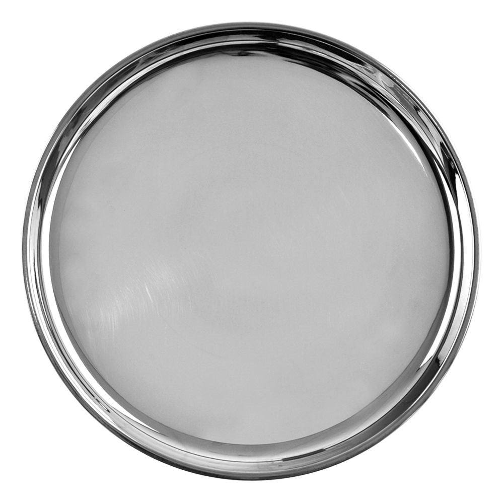 Round serving tray in highly polished stainless steel