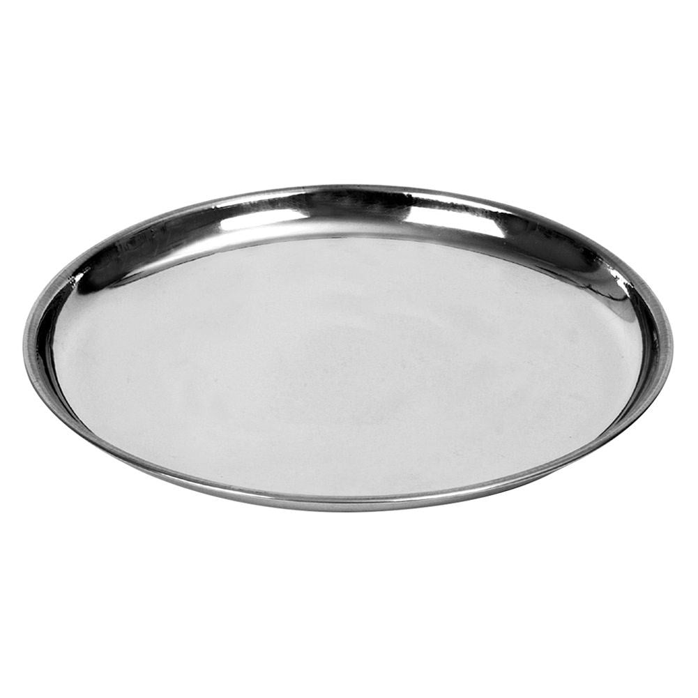Round serving tray in highly polished stainless steel