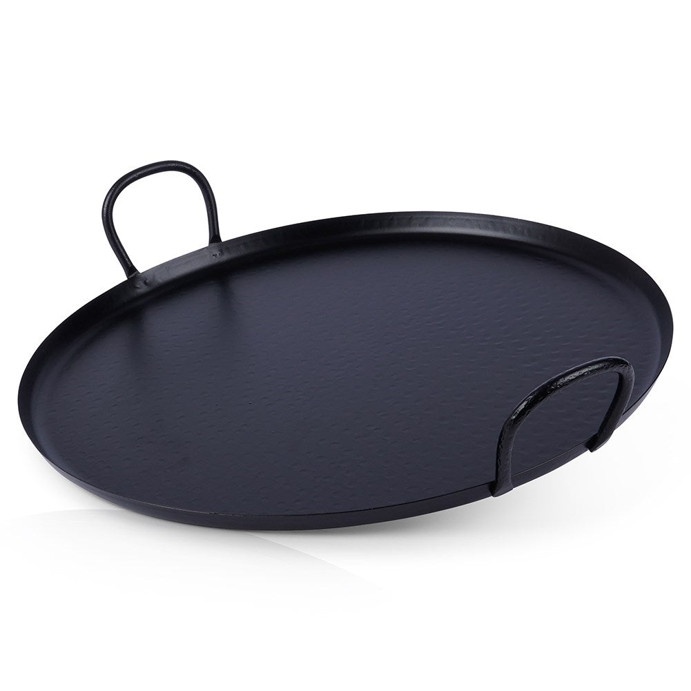 Round serving tray in matt black stainless steel
