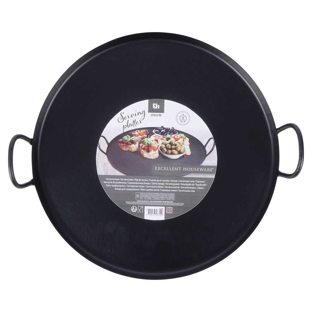 Round serving tray in matt black stainless steel
