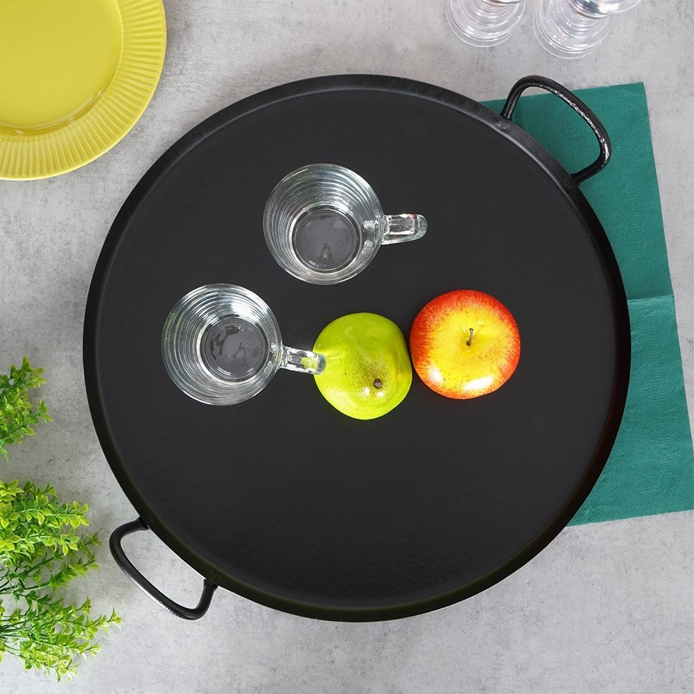 Round serving tray in matt black stainless steel