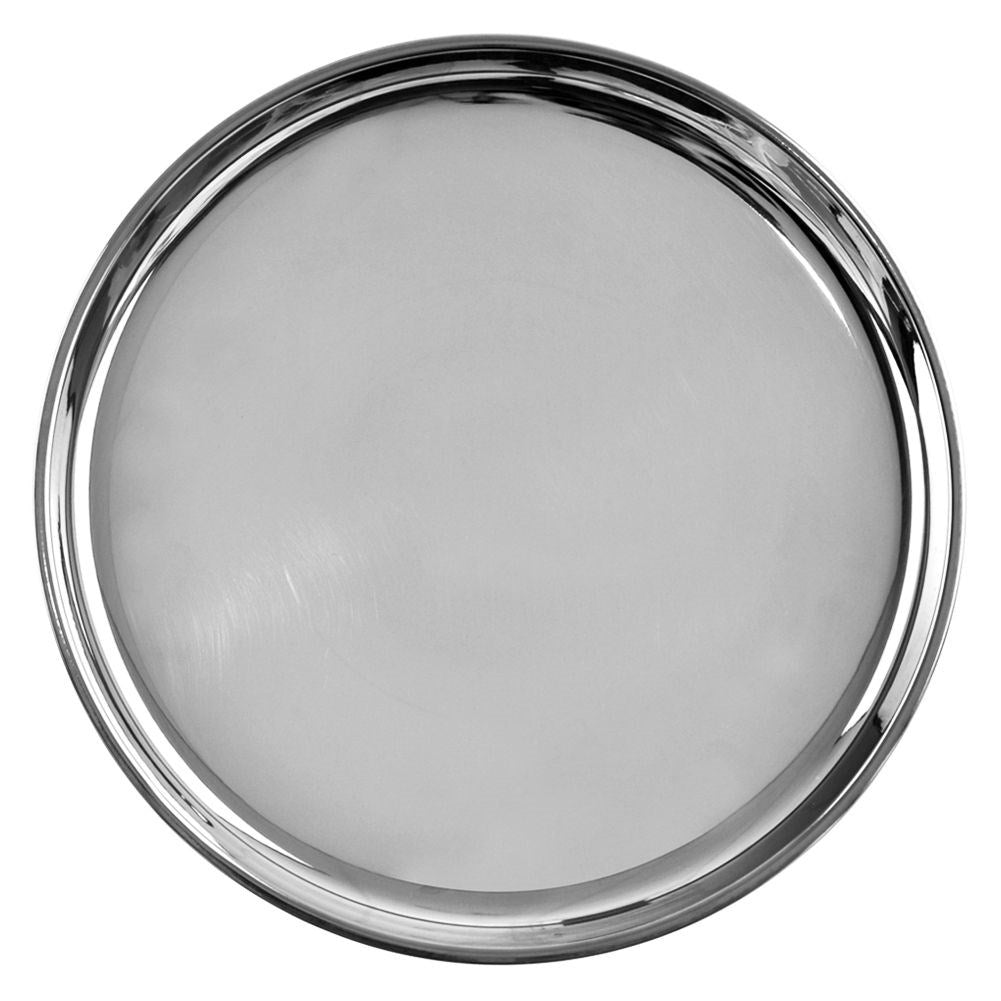 Round serving tray in polished stainless steel