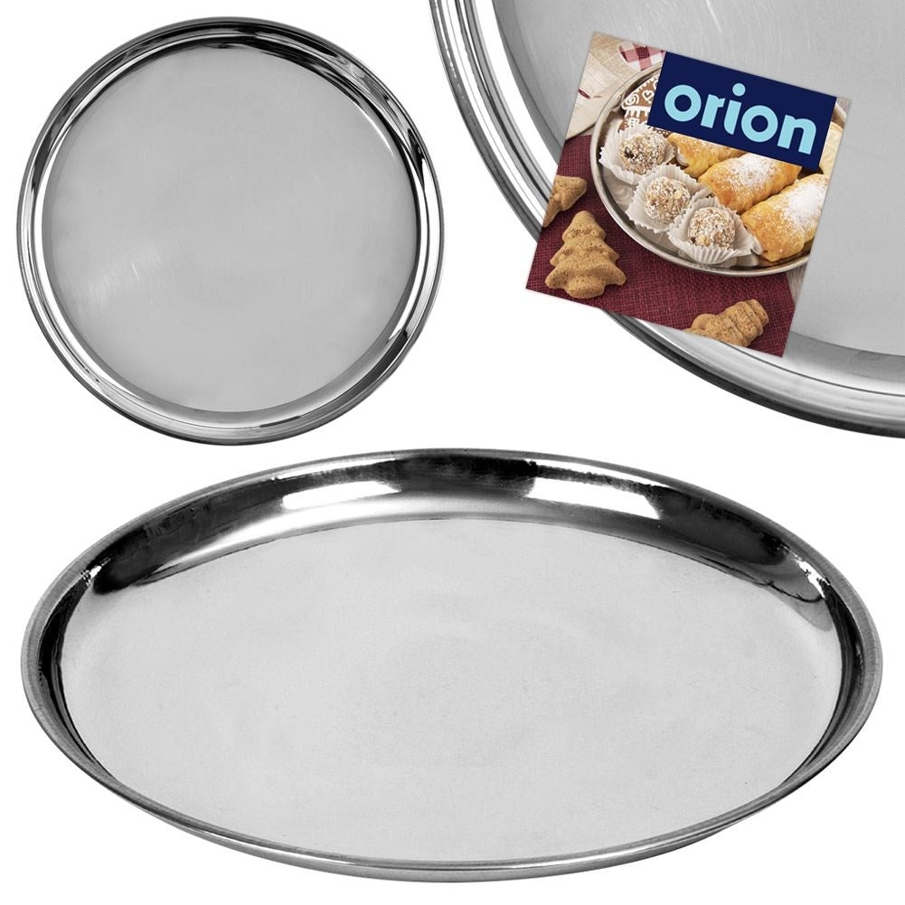 Round serving tray in polished stainless steel