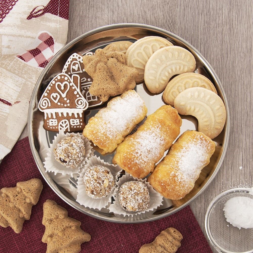 Round serving tray in stainless steel for snacks and sandwiches