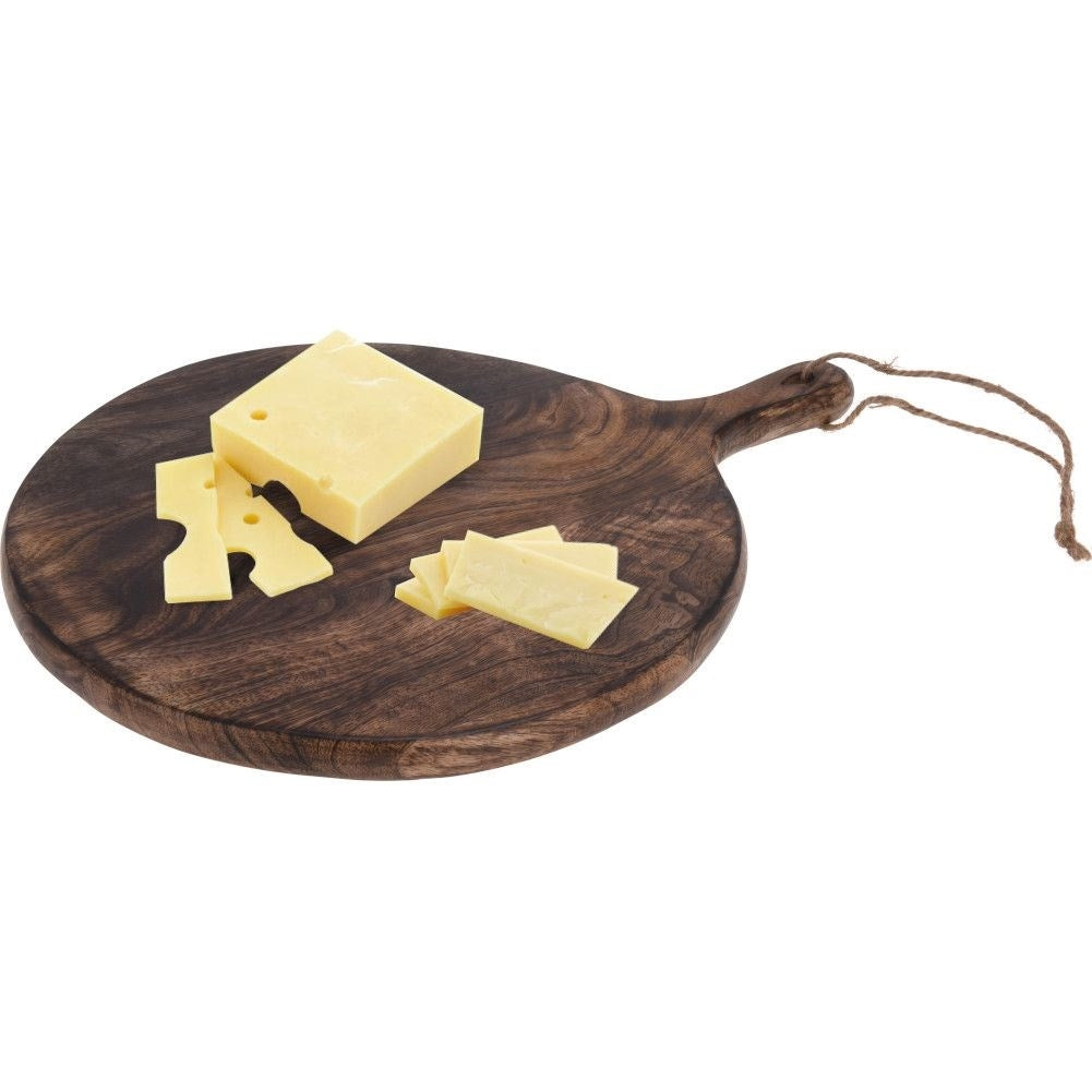 Round wooden cutting board with handle for cutting and serving