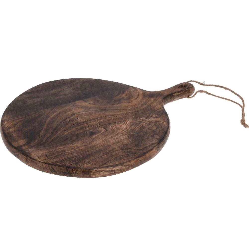 Round wooden cutting board with handle for cutting and serving