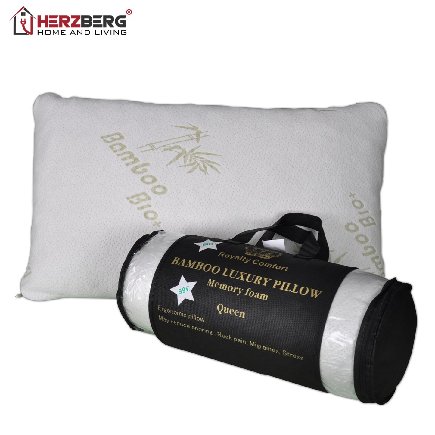 Royalty Comfort HG-5076BM: Bamboo Luxury Pillow with Ergonomic Memory Foam - Queen