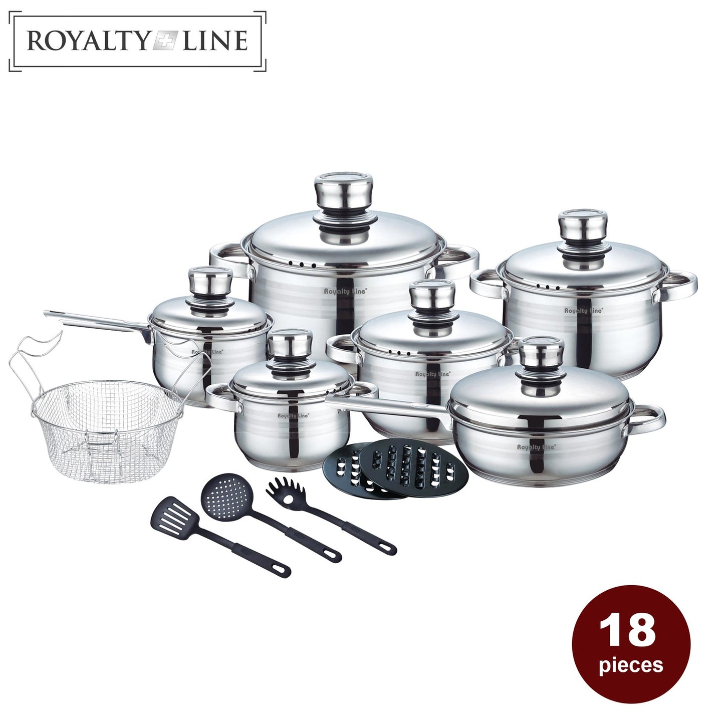 Royalty Line RL-1802: 18 Pieces Stainless Steel Cookware Set w/ Various Utensils