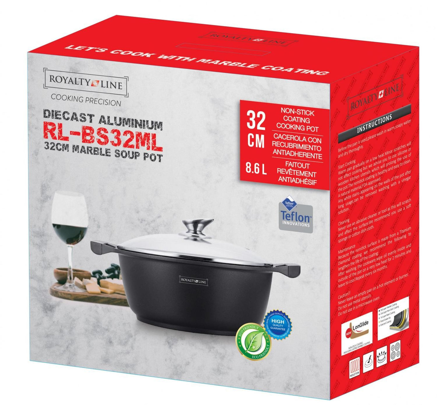 Royalty Line RL-BS32M: Marble Coated Cooking Pot & Casserole - 32cm Black