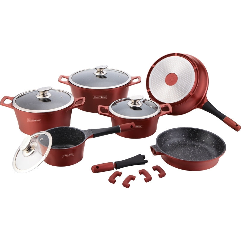 Royalty Line RL-ES1014M: 14 Pieces Marble Coated Cookware Set Burgundy