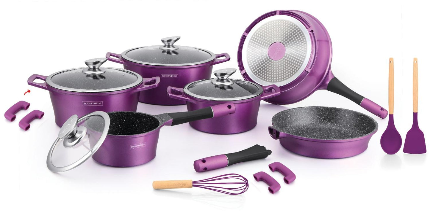 Royalty Line RL-ES1014M: 17 Pieces Marble Coated Cookware Set Purple