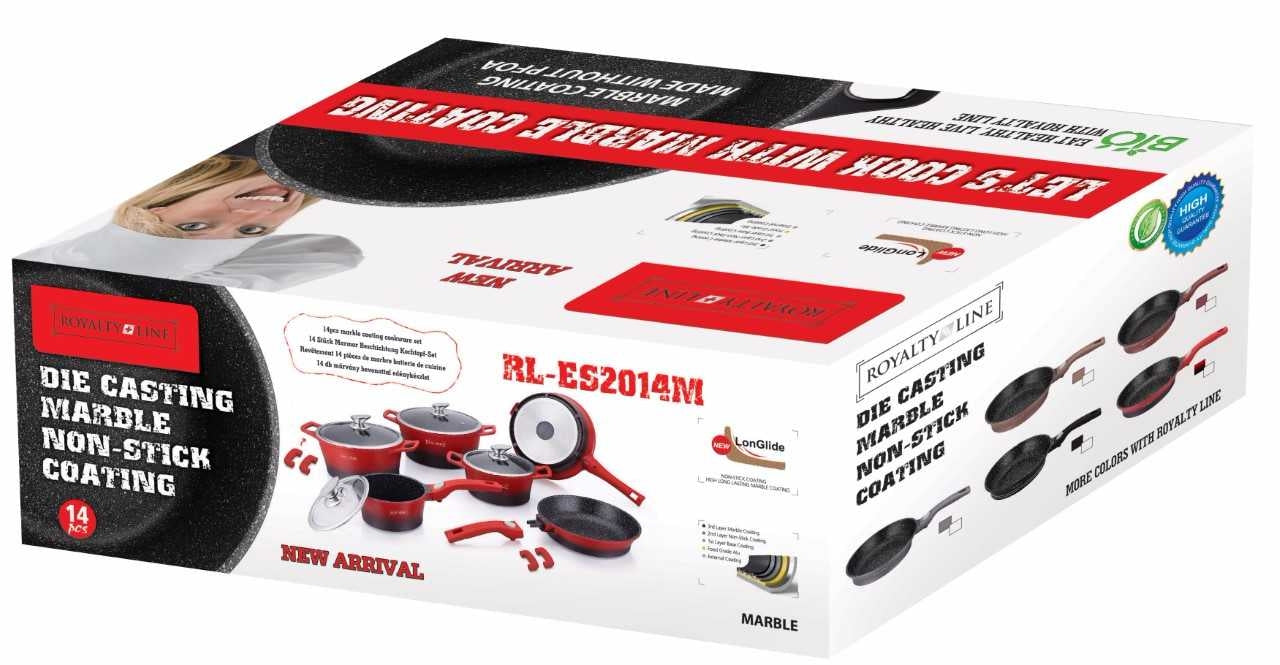 Royalty Line RL-ES2014M: 14 Pieces Marble Coating Cookware Set Red/Black