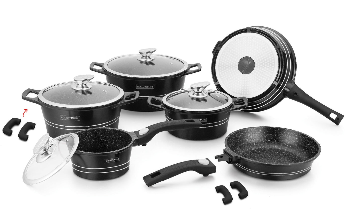 Royalty Line RL-ES2014M: 14 Pieces Marble Coating Cookware Set Red/Black
