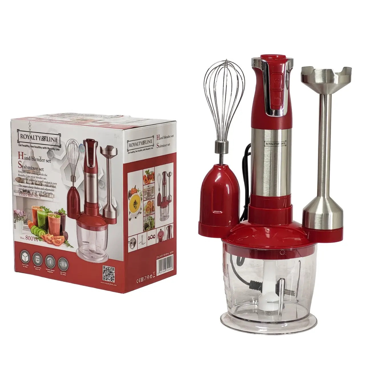 Royalty Line RL-ESMS800RED: 3-in-1 Hand Blender Set - Power Whisk, Immersion Blender, Chopper - Red