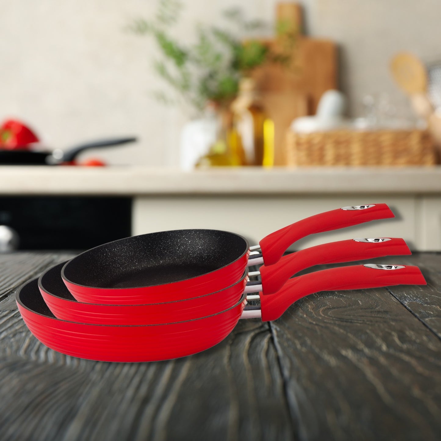 Royalty Line RL-FM3F: Marble Coating Forged Aluminum 3 Pieces Fry Pan Set Red