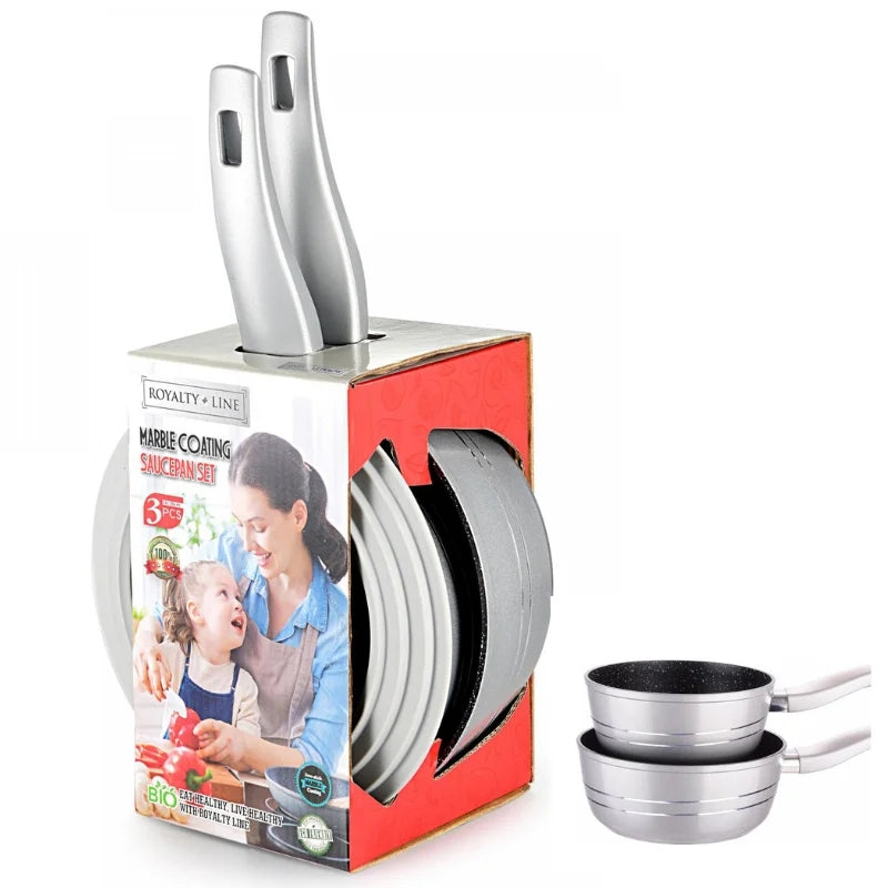Royalty Line RL-FS2M: 3 Pieces Saucepan Set with Marble Coating Black
