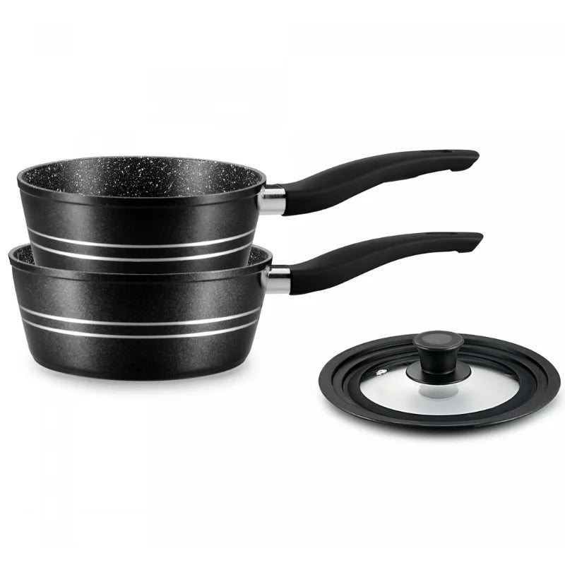 Royalty Line RL-FS2M: 3 Pieces Saucepan Set with Marble Coating Black